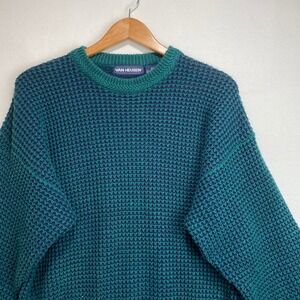 Van Heusen Vintage Mens Medium Teal Navy Waffle Knit Ramie Cotton Sweater 90s